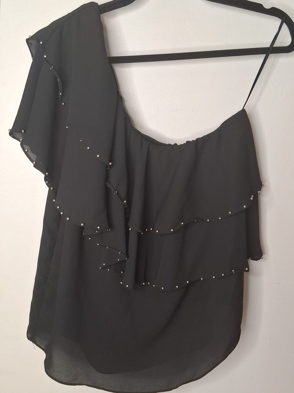Lucky Brand Black Studded One Shoulder Ruffle Top Size M